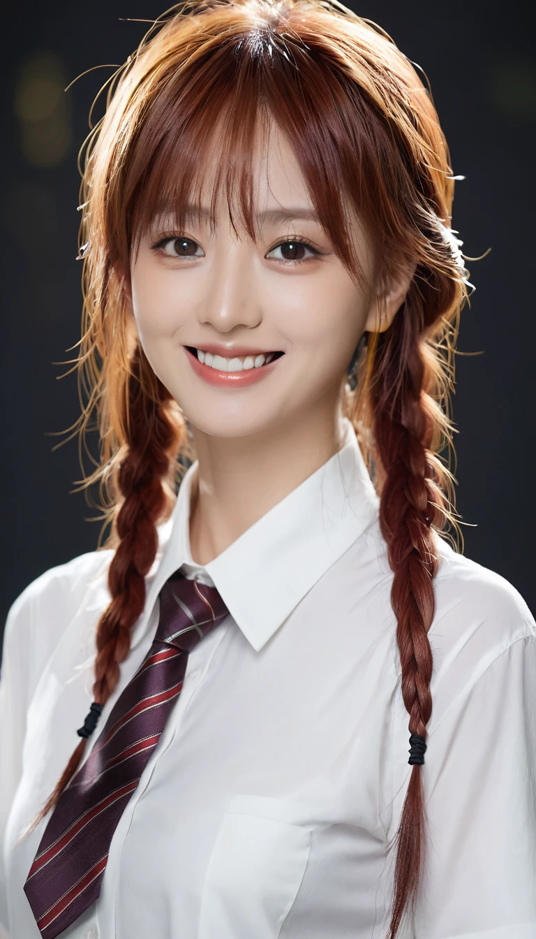 hand (Chainsaw Man), 最好of质量, Extremely detailed, 1 Girl, 独自of, permanent, Red hair, Long Braid Hair, 金色of眼睛, Bangs, Medium breasts, White shirt, tie, stare, Smile, (of:1.2), Looking at the audience, (interview:1.3), (Dark background), From below, In sharp contrast , 美丽细致of眼睛, Key Points , close up , 发光of橙色眼睛,Front view