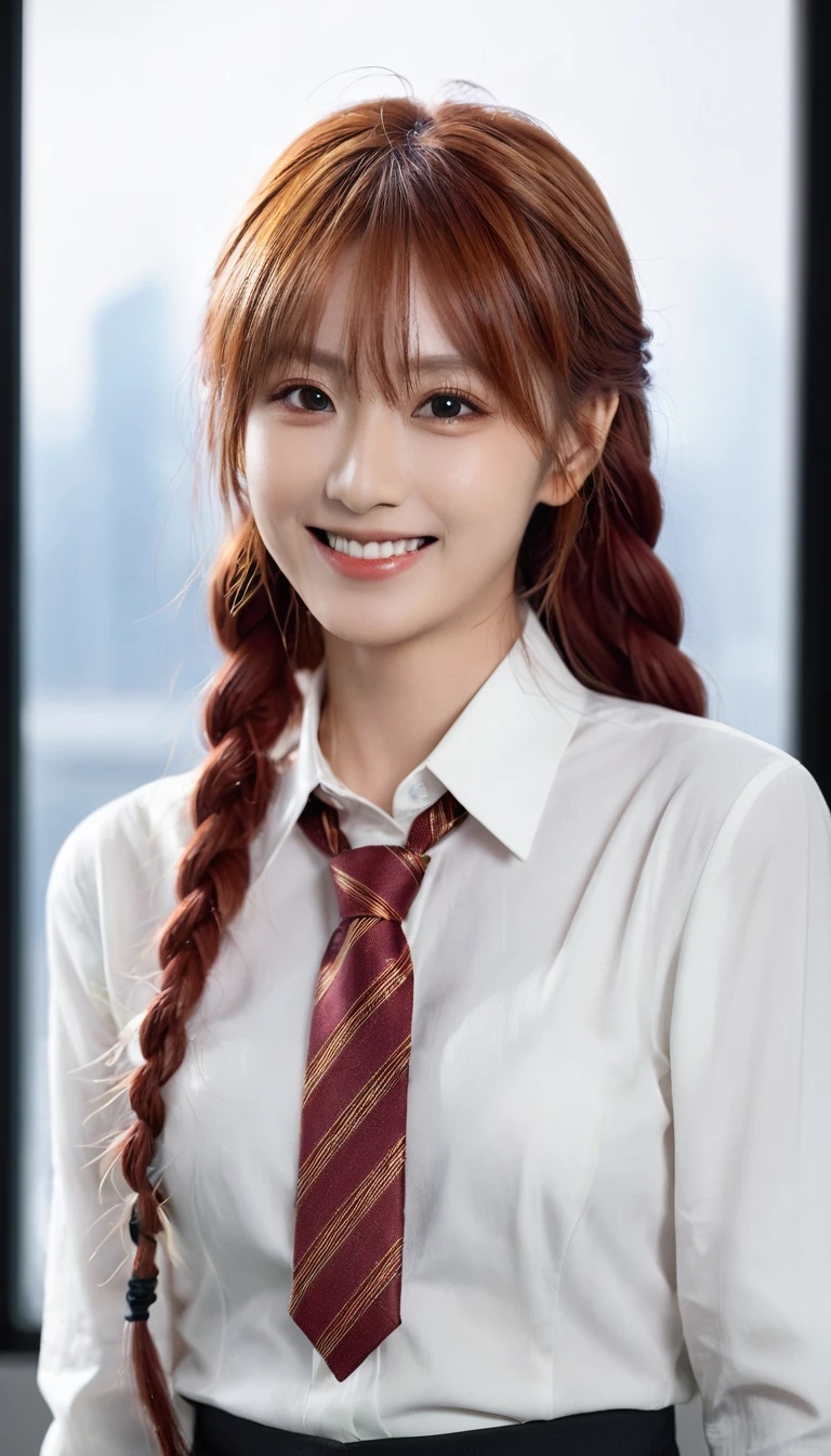 hand (Chainsaw Man), 最好of质量, Extremely detailed, 1 Girl, 独自of, permanent, Red hair, Long Braid Hair, 金色of眼睛, Bangs, Medium breasts, White shirt, tie, stare, Smile, (of:1.2), Looking at the audience, (interview:1.3), (Dark background), From below, In sharp contrast , 美丽细致of眼睛, Key Points , close up , 发光of橙色眼睛,Front view