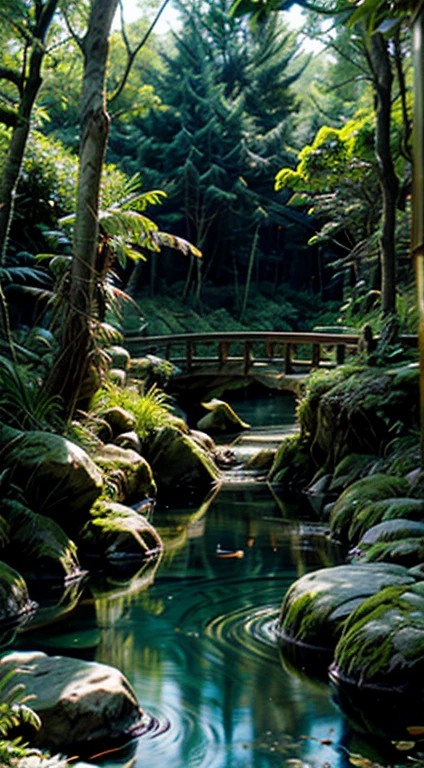 /imagine "A serene forest with a flowing stream, a clear, bubbling stream winding through the forest with rocks and pebbles in the streambed, gentle ripples and reflections on the water. Tall, ancient trees with lush green foliage, dappled sunlight filtering through the tree canopy, moss-covered ground and fallen leaves. Wildflowers and ferns growing along the stream, a rustic wooden bridge over the stream, birds and small wildlife in the background. A tranquil and peaceful atmosphere, the gentle sound of water flowing, a sense of being immersed in nature."
