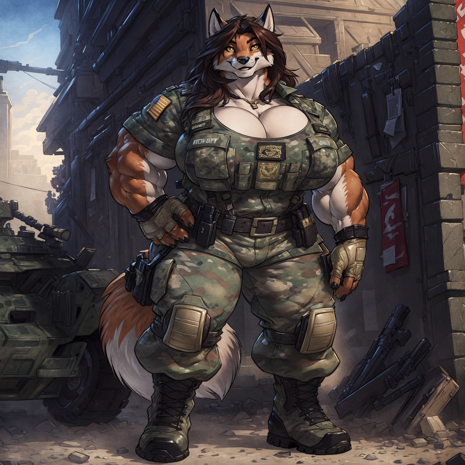 solo, 1girl, fox, female, broad shoulders, stocky build, buff, muscular, huge breasts, gold eyes, highly detailed eyes, long snout, Amazon, powerful figure, wearing camouflage_uniform, (urban uniform:1.2), military camp, rolled sleeves, shirt, trousers, cleavage, standing upright, combat boots, full body, smiling, friendly, looking at viewer, realistic lighting, by darkgem, by wfa, by gideon,