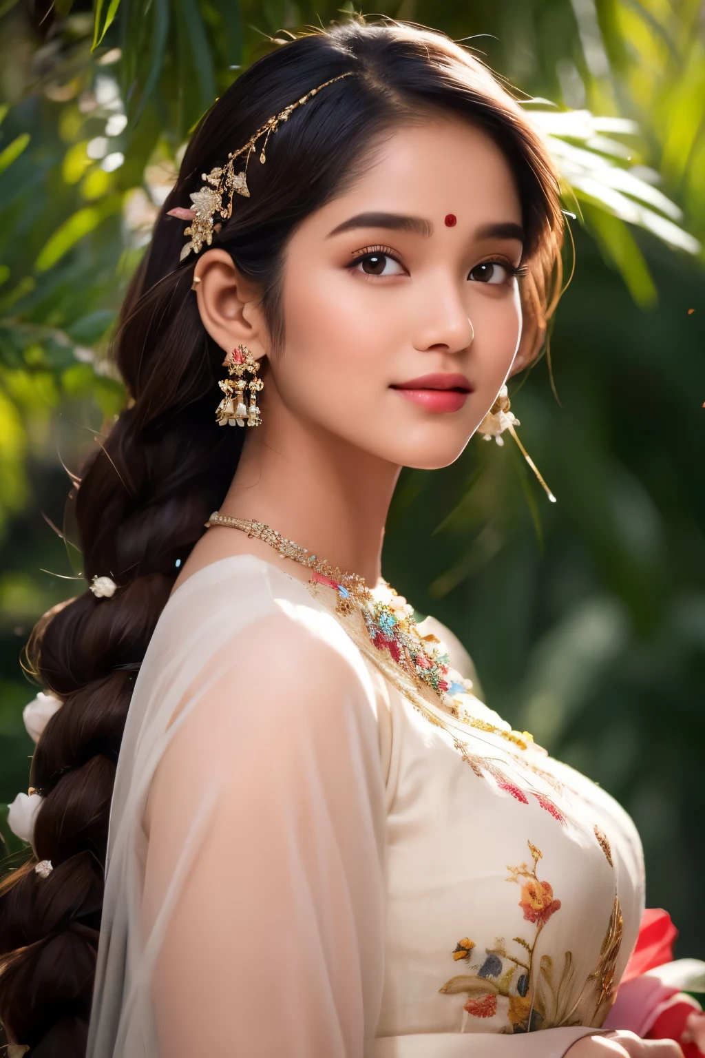 A breathtakingly beautiful 18-year-old girl named Anikha, who is the epitome of elegance and charm. She stands out as the central focus of this ultra-detailed, 8K resolution masterpiece with a perfect score of 9 and a UHD rating of 1.3. Her delicate facial features are captured with a stunning realism that's amplified by a majestic score of 1.5, making her appear as if she's stepped out of a high-definition dream. Her skin glows with a soft blush, perfectly accentuating her detailed, natural beauty. Her eyes, a rich brown, are filled with a blissful vibe, reflecting the cinematic lighting that surrounds her. They are so realistic and sharp that they seem to hold secrets of the universe within them. The exquisite twin braids of her long, shining hair are adorned with a hair ornament that adds an extra touch of elegance to her already flawless look. The background, a canvas of blurred perfection with a score of 1.7 for background blur, showcases an intricate peacock feather design that complements the overall aesthetic without overwhelming the main subject.
