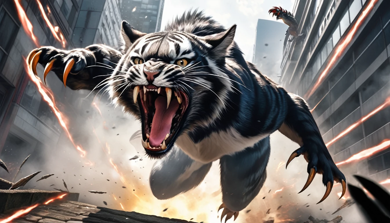 Realistic photos, RAW Photos, ライオン attacks viewer, Powerful movements, jump on prey, ((Dynamic jump)), Sharp Claws, ライオン approaching from above, sudden approach, Bad-tempered, dynamic Shot from grand