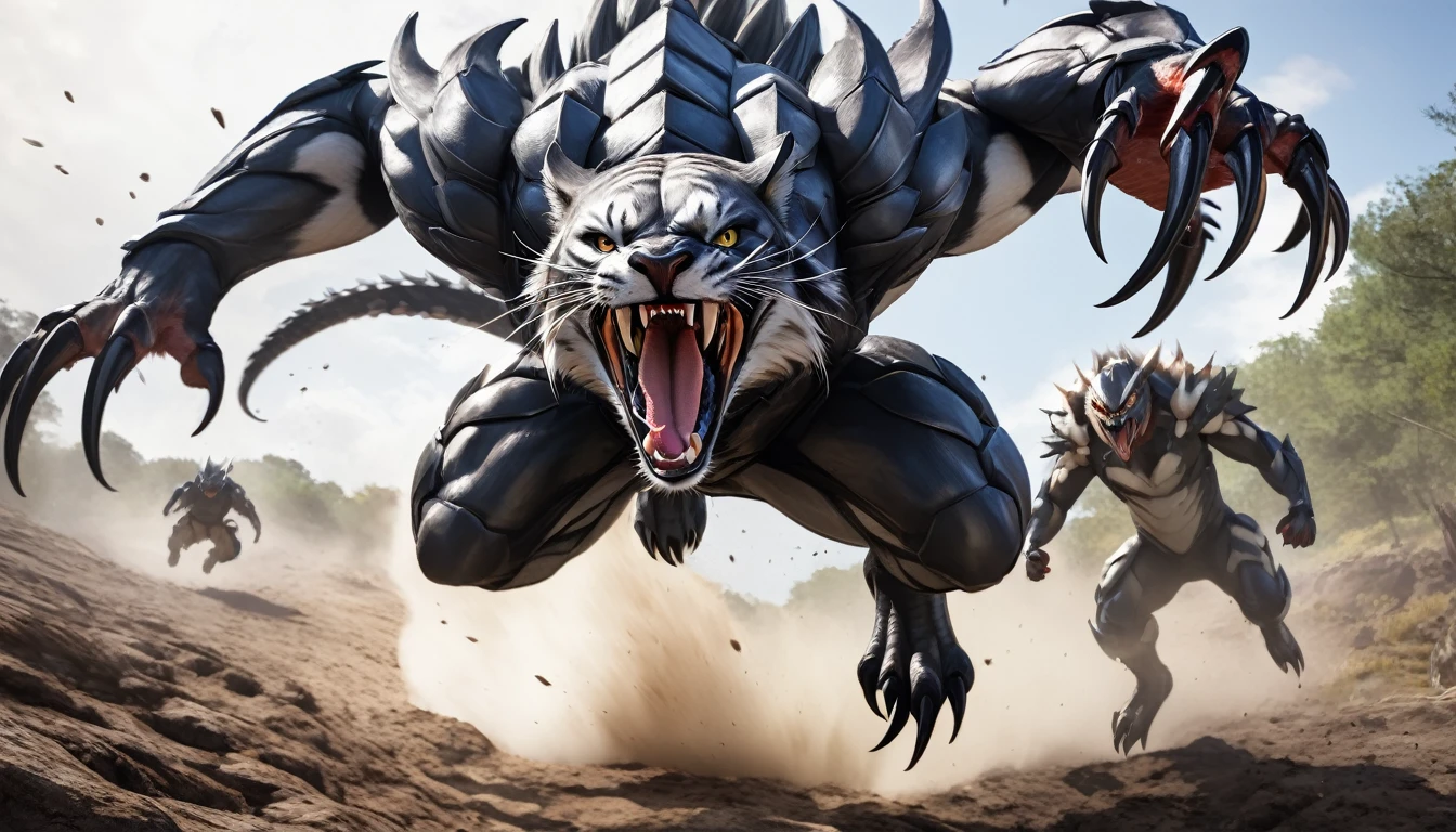 Realistic photos, RAW Photos, ライオン attacks viewer, Powerful movements, jump on prey, ((Dynamic jump)), Sharp Claws, ライオン approaching from above, sudden approach, Bad-tempered, dynamic Shot from grand