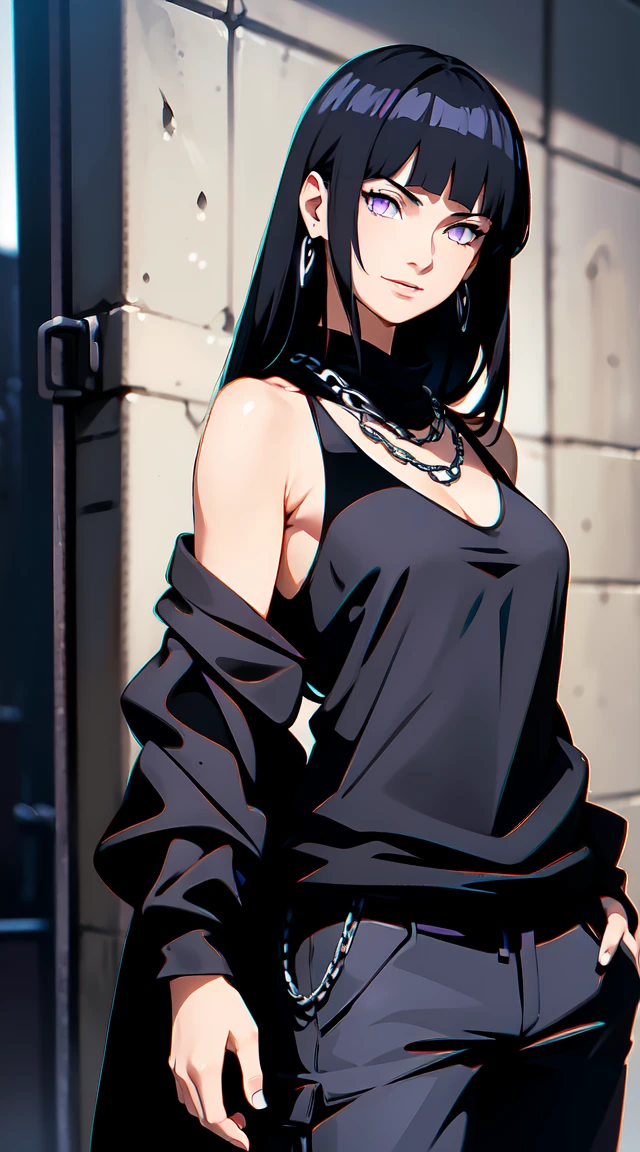 masterpiece,stunning realistic,best quality,sharpness,sharp face,smil,Rot im Gesicht sein,Photo of the upper body
black long hair,purple eyes,big ,tanktop,cargopants with many pockets,black cloak,silver necklace,silver chain,black gloves