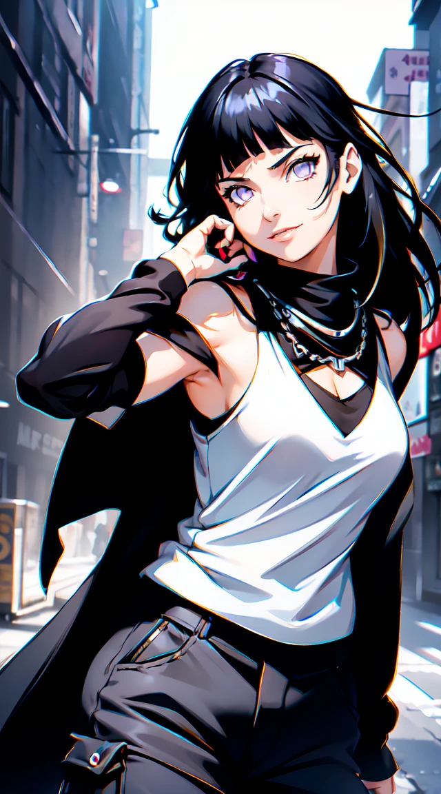 masterpiece,stunning realistic,best quality,sharpness,sharp face,smil,Rot im Gesicht sein,Photo of the upper body
black long hair,purple eyes,big ,tanktop,cargopants with many pockets,black cloak,silver necklace,silver chain,black gloves