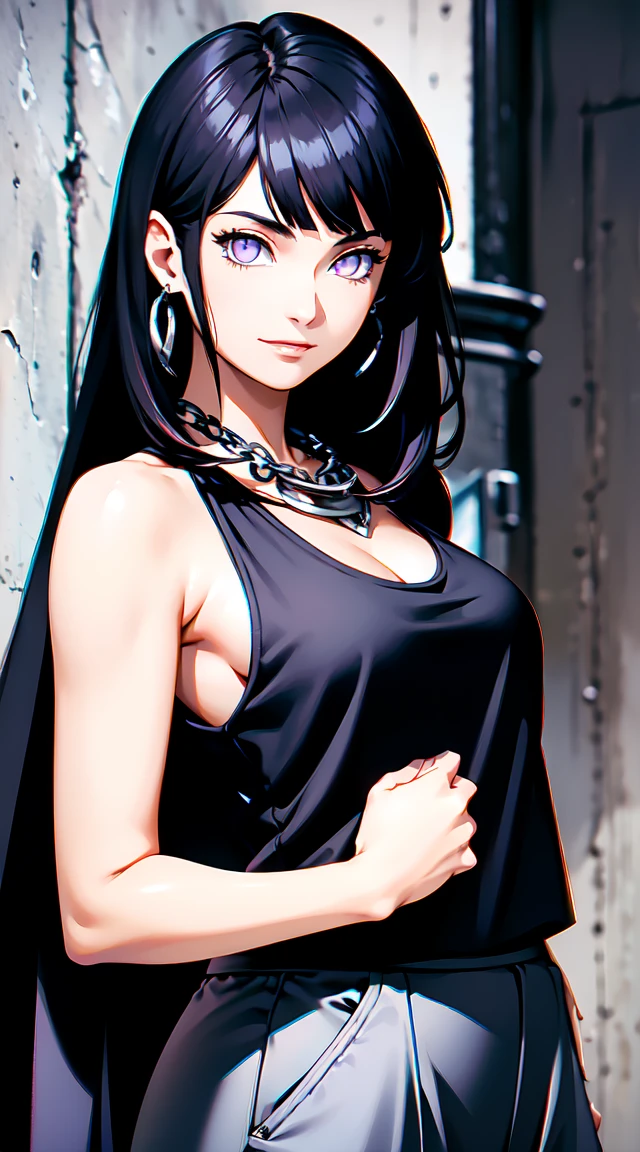 masterpiece,stunning realistic,best quality,sharpness,sharp face,smil,Rot im Gesicht sein,Photo of the upper body
black long hair,purple eyes,big ,tanktop,cargopants with many pockets,black cloak,silver necklace,silver chain,black gloves