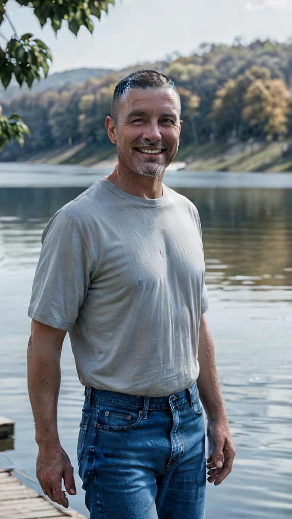 a 45-year-old man with a clean face, buzz cut hairstyle, wearing a shirt and blue jeans, standing and smiling, beautiful lake background, cinematic lighting, highly detailed, photorealistic, 8k, sharp focus, vivid colors, professional photography