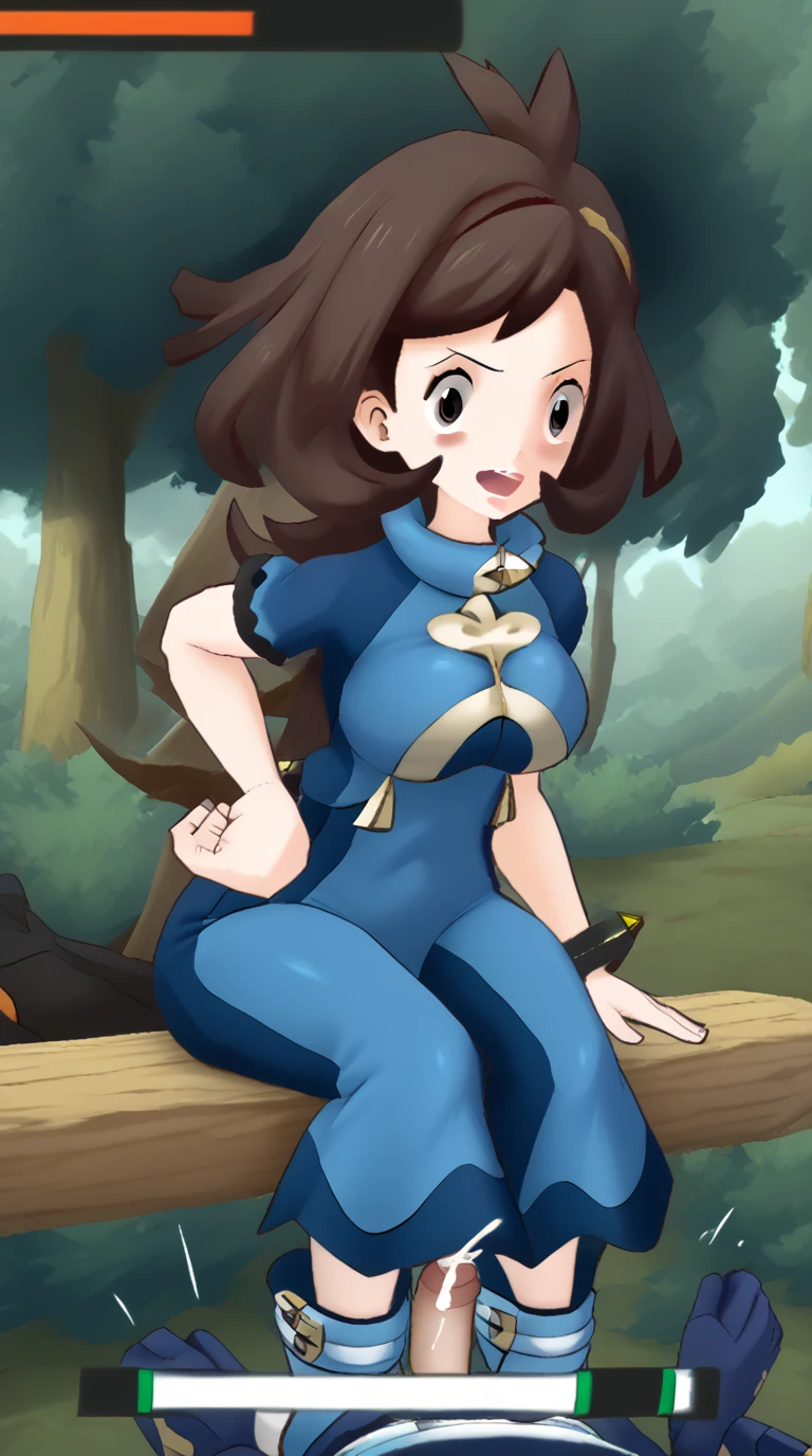 , Ace trainer (Pokemon), pokemon, ace trainer, large breasts, thick thighs, wide hips, wearing blue dress with fingeeless gloves and blue boots, shoulder length brown hair, sadistic mature smile, crazy smile, ((sadistic)), smug, (half open eyes), blush, 1boy, 1girl, larger female, large female, front view, (pov), forest background, ((handjob)), female sitting on boy, sitting against penis, clenching hands around penis, pulling down foreskin, foreskin, retracted foreskin, cumming, looking at eachother, looking at boy, scared boy, fearful boy, (squeezing penis in hand), penis held in firm grip, squeezing penis, pulling down foreskin, (large breasts), (sitting female), boy being pinned down by larger female, pinning down boy, (low angle), (((((health bar))))), masterpiece, score_above:9, pokemon masters ex, game style, (((hands placed on penis))), (hand on hip), ((leaning over boy)), ((leaning forward)), (((penis being rubbed by female))), ((firm grip)), ((((struggling male)))), ((boy pushing away female hands)), ((boy desperately tries to escape from handjob)), (((female pressing hands down))), (((motion lines))), ((forcing ejaculation)), ((spurting cum))