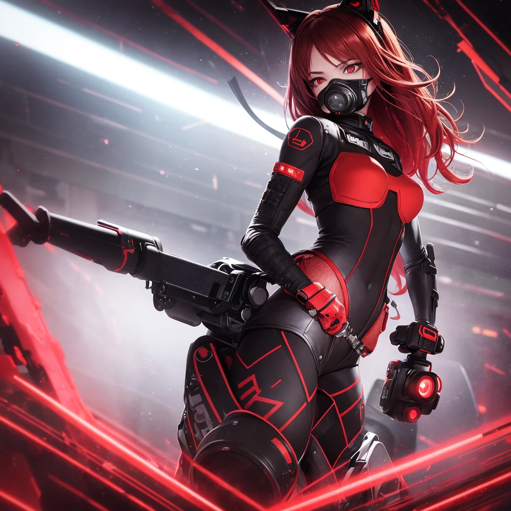 1 lonely girl with a mask respirator gas mask on half her face fur half cyborg stands half sideways in a half turn she has a chic figure and big hips she has rich red long hair and red eyes and a black android suit with red elements dark background image cyberpunk mechanisms and red lights dark background space red planets lights