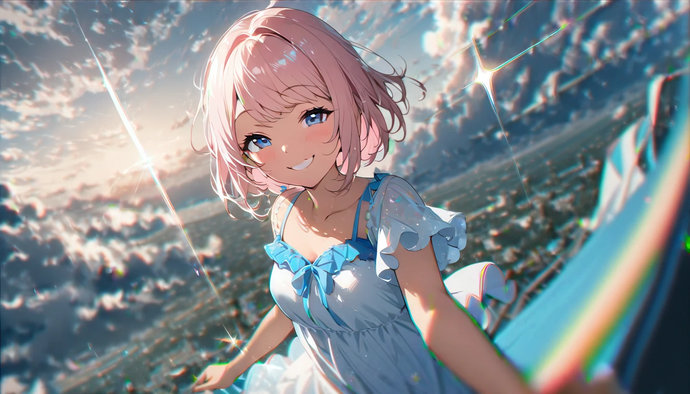 (1 girl),(Best Picture Quality, 8K, Masterpiece:1.3), (high school student:1.5), ((pink lob hair:1.1)), (bob cut),(swept bangs), (cute eyes, pupil black, iris skyblue, youthful face), (mole under right eye), (standard weight), (small breasts), (glistening skin:1.1),(pale skin:1.2),(sundress),((Gyaru fashion:1.3)),(wet:1.1),(blue sky, blurry, blurry background, chromatic aberration, cloud, cloudy sky, day, depth of field, glint, outdoors, sky),(magnificent view:1.2),((overlooking)),(smile:1.5).