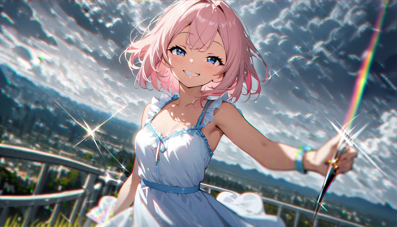 (1 girl),(Best Picture Quality, 8K, Masterpiece:1.3), (high school student:1.5), ((pink lob hair:1.1)), (bob cut),(swept bangs), (cute eyes, pupil black, iris skyblue, youthful face), (mole under right eye), (standard weight), (small breasts), (glistening skin:1.1),(pale skin:1.2),(sundress),((Gyaru fashion:1.3)),(wet:1.1),(blue sky, blurry, blurry background, chromatic aberration, cloud, cloudy sky, day, depth of field, glint, outdoors, sky),(magnificent view:1.2),((overlooking)),(smile:1.5).
