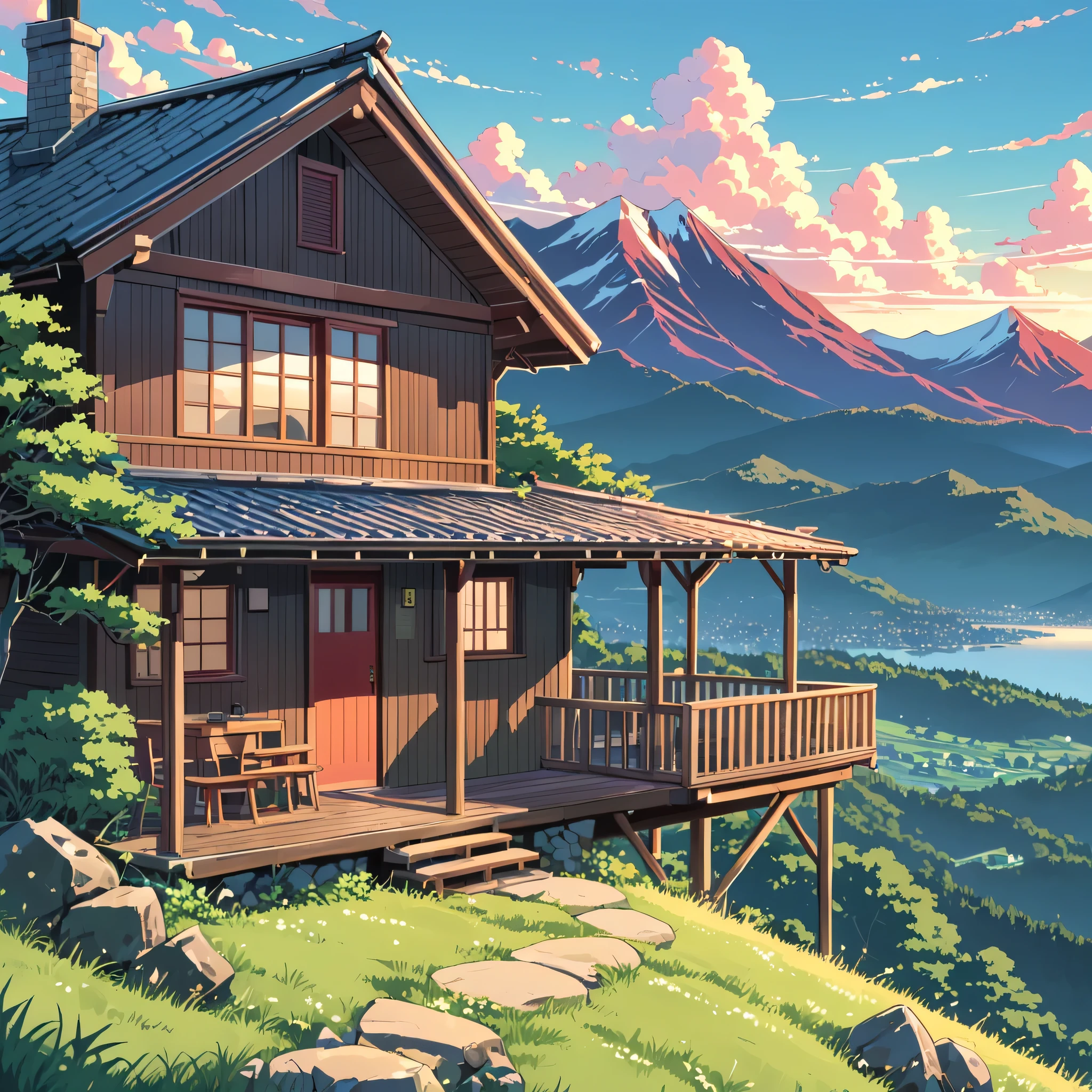 (((mountain cabin))), ((anime:1.4,illustration)),(masterpiece, top quality, best quality),(ultra-detailed, absolutely resolution),((16k, high res)). BREAK {lofi art, style of Laurie Greasley, style of Makoto Shinkai, anime aesthetic}
