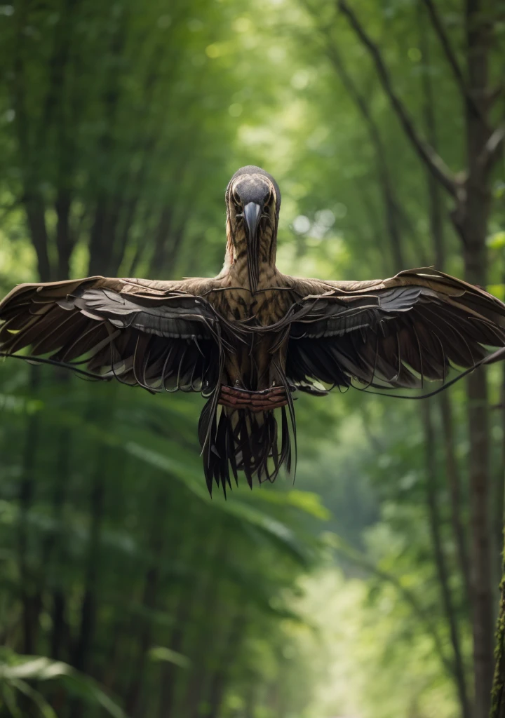 :30:36 Man wearing brown bird suit #675650, front profile pose, open arms holding the wing, long neck painted black and white, realistic penalties, half bird man