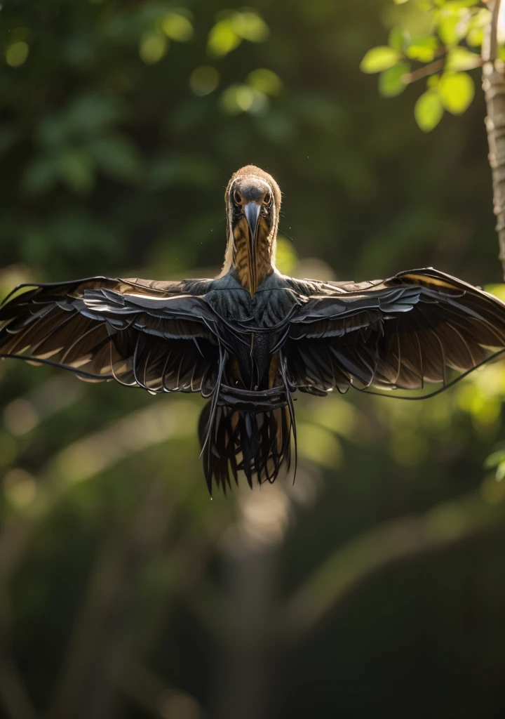 :30:36 Man wearing brown bird suit #675650, front profile pose, open arms holding the wing, long neck painted black and white, realistic penalties, half bird man