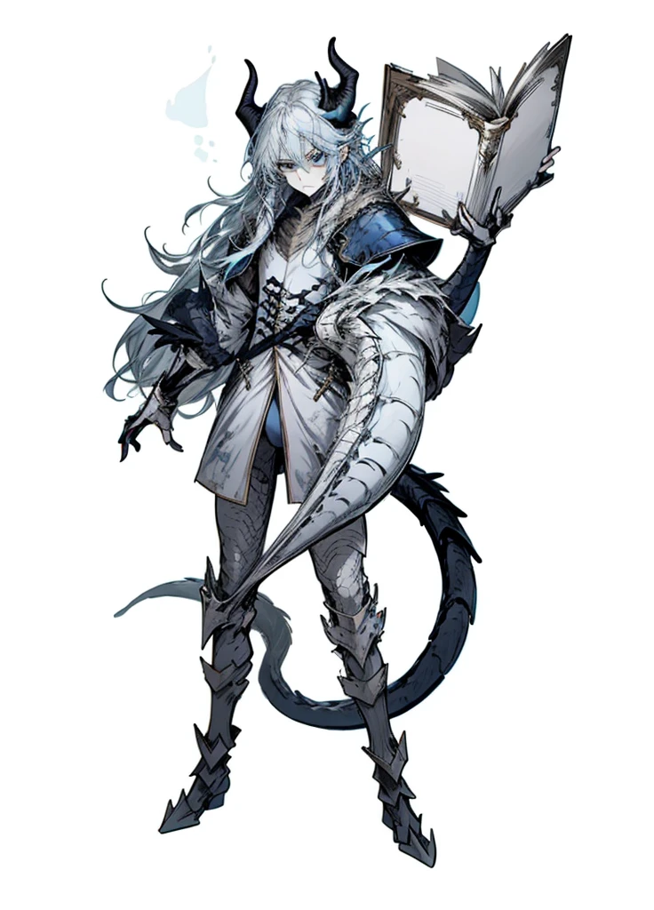 1boy ,silver hair,long hair, light blue eyes ,pale skinned beast ,dragon, dragon tail, blue horns, book, arctic knight, nice clothes, (high resolution, high detail, best quality), calm