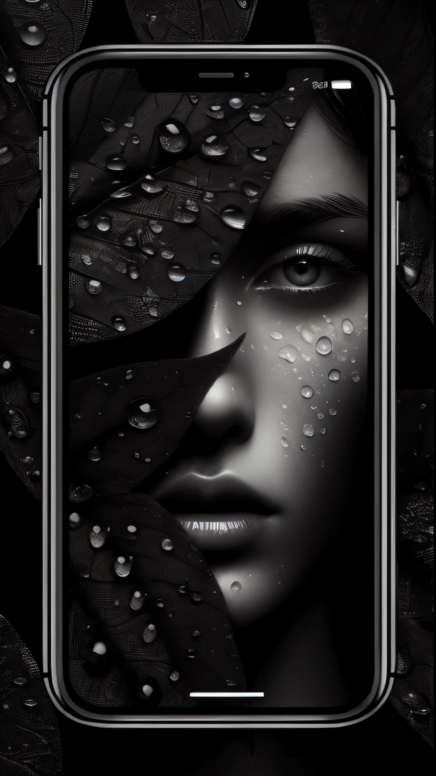 High contrast iPhone background image, close up image of a black leaf with water droplets, subtle colored reflected by water droplets reflecting the beauty of a young woman,