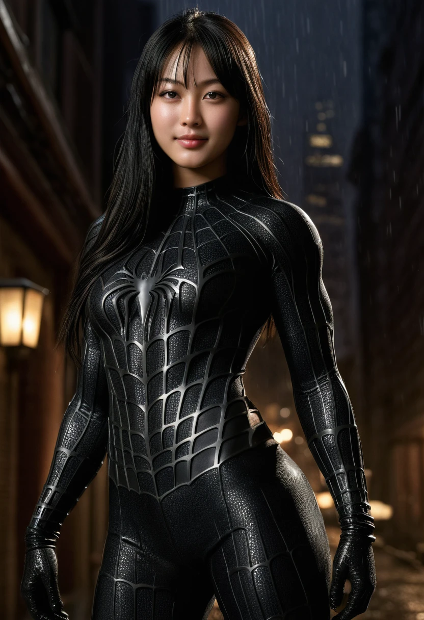 score_9, score_8_up, score_7_up, best quality, realistic, masterpiece, beautiful detail, hyperrealistic, night, (1girl, woman body, smile, black hair), big breasts:1, amazing detailed full body portrait of a beautiful japanese girl, defined muscle girl, wearing a realistic and highly detailed black raimi spider-man suit, ((huge muscular girl)), professional model wears ultra - detailed black raimi spider - man suit, ultra - detailed and grained black raimi spiderman suit, suit covered entire body and hand, black spiderman gloves, wet, (romantic scene), (full body), (dirty skin), close up, octane render, highly detailed, volumetric, dramatic lighting, (highest quality:1.1), (HDR:1.3), (top quality, best quality), realistic, high definition,
