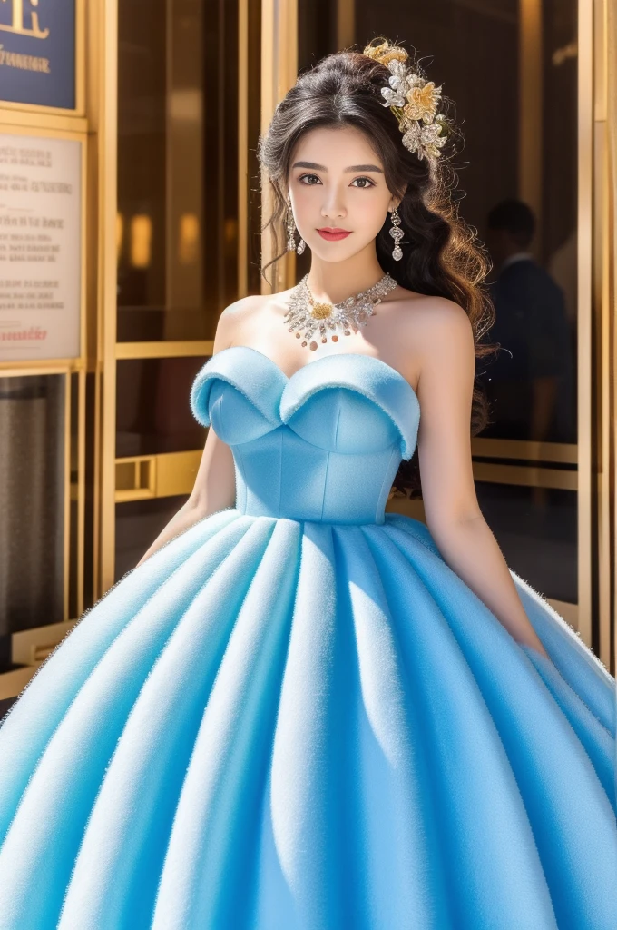 masterpiece, 4K, Highest quality, FELute, necklace,Gorgeous Dress, (Cent. St. Peter's Square in the Vatican,Crowd),Bracers, Cowboy Shot, Watching Viewer, Grin, Raise your hand