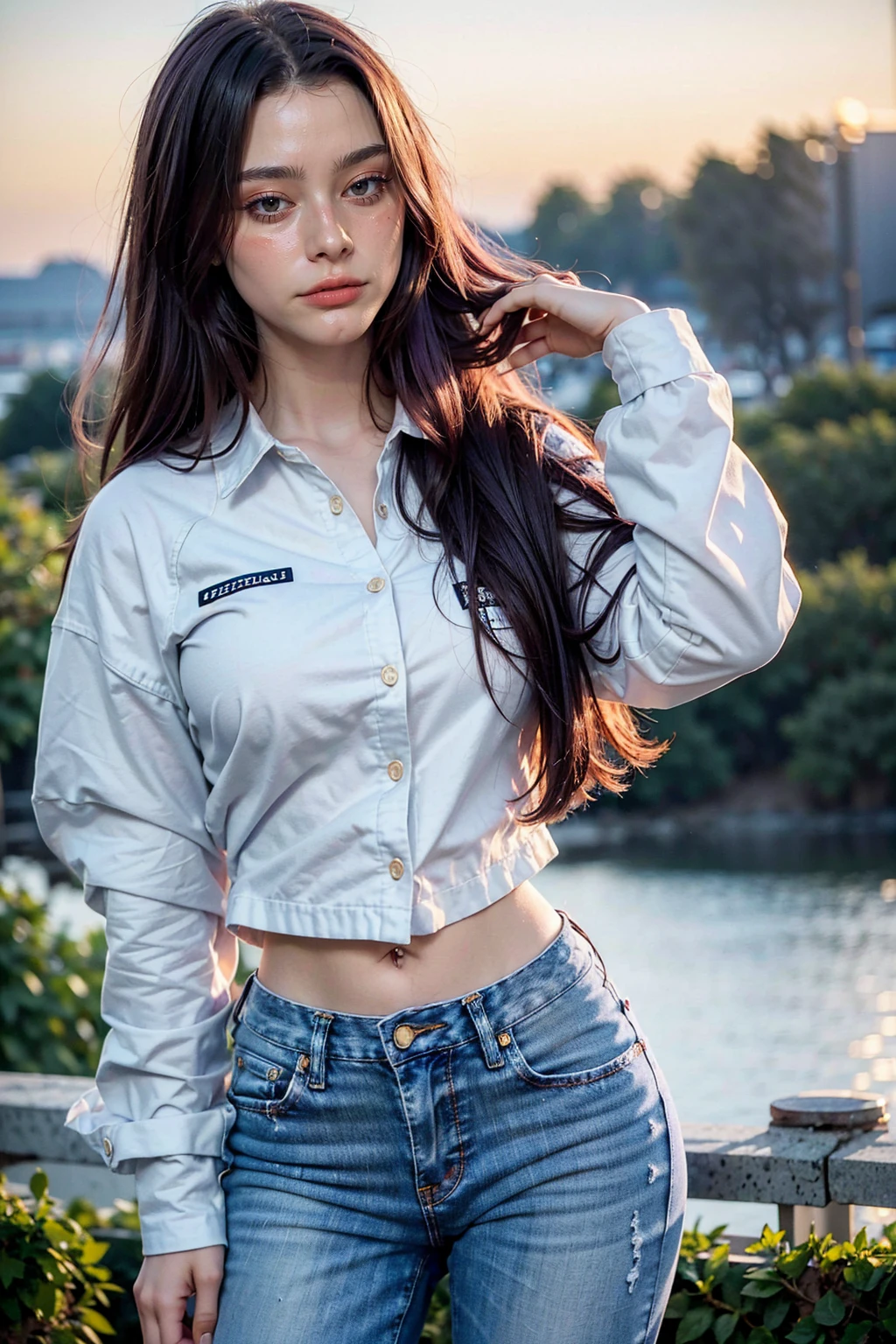 (1 lady), (Best quality at best:1.4), (ultra - detailed), (extremely detailed CG unified 16k), A Beautiful Woman with Perfect Figure: 1.4, Sharp Focus: 1.2, very detailed, High-definition RAW color photo, professional photoshooting, amazing face and eyes, (amazingly beautiful girl), ((masterpiece)), realistic cinematic face, head to feet long wide zoomed out view, full body long view, photorealistic, ((highres)), ((detailed background)), sunset, (ichinose kotomi), gorgeous, extremely beautiful face, perfect model beauty, Highly Detailed Face and Skin Texture, Detailed Eyes, Double Eyelids, ((casual clothes, blue jean, white buttoned shirt, long sleeves)), ((realistic natural purple hair style, purple eyes, long hair, hair ornaments)), tarankaaa, not Dasha Taran, library background, extremely detailed, blurred background, depth of field, cinematic lighting, amazing legs, clear and well-cared skin, athletic, big proportions body, looking at viewer, best hands of the internet, standing