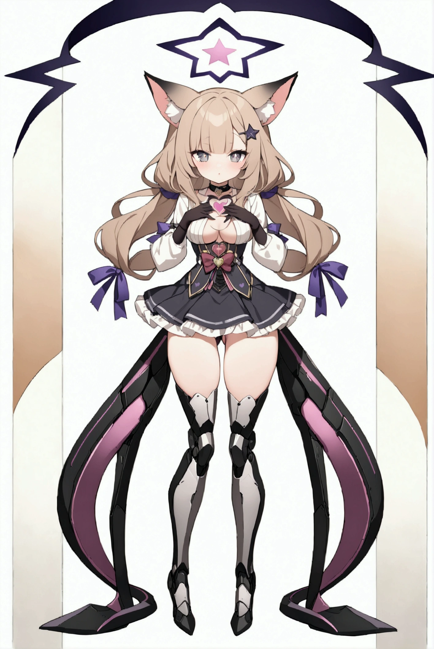 woman 170 cm tall. medium chest, wide hip, slim build, ((whole body)). (((character design sheet: front view))). (dark blonde hair, (hip-length wavy hair with asymmetrical bangs, star hairpin), (She has a short braid tied with an elegant purple ribbon on the left side of her hair above her chest). (She has a short braid tied with an elegant purple ribbon on the right side of her hair above her chest). She has small hair ties in the back of her hair..). ((Gray eyes with a pink 4-pointed star in the pupil)). (Two black and purple fox ears located on the top of the head). (Luminous black halo with purple star patterns above his head). He has a black collar with a heart emblem on his neck.. (Elegant long one piece dress, thigh-length lace and ruffle skirt, ribbon decorations and star patterns on the dress). black gloves, Black platform heels. gray belt at the waist with a large ribbon with a luminous pink heart in the middle. ((It has a beautiful heart-shaped succubus tail.)). (((It has complex mechanical legs that reach up to the thighs and are black with small purple details..))). beautiful detailed hair, beautiful detailed dress. extremely detailed arms. extremely detailed face, small face, Beautiful detailed eyes, beautiful detailed lips. adorable. extremely detailed legs. (Best Quality, 4k, high resolution), ultra detailed, Exquisite and epic character art, ((White background)). (Focus on symmetry).