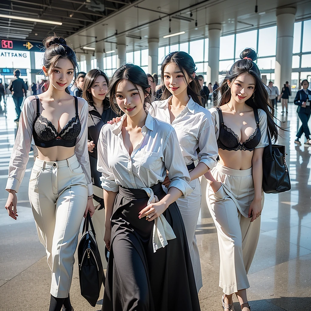 ((Highest quality、Tabletop、8K、Best image quality、Hyperrealism))、(5 female ground staff、Group of women walking side by side、Several women walking together、A group of stewardesses walking together、Cowboy Shot、5 people wearing the same uniform、Photo from the waist up)、((Location: Airport Plaza...、Five women walking through the airport、A perfectly detailed airport interior、Super detailed airport plaza))、((perfect stewardess uniform、Hair Bun))、Biggest Smile、white big teeth、Perfect Makeup、Long eyelashes、Look at me、Have the best smile、Perfect Anatomy、The lighting is very bright
((((Black bra visible))))