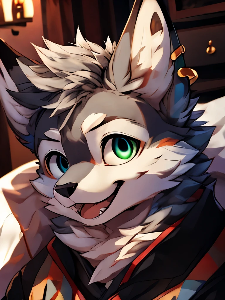 (High Definition, Dynamic HDR, 4k, full HD) furry , ,relaxed ,black and gray fur ,lobo ,high ,black and gray fur ,green left eye and blue right eye ,random clothes ,smile showing the tongue on the face in a playful way ,resting ,bedroom ,Upper part of the body,beautiful,tender, elegant,alone, left ear piercing