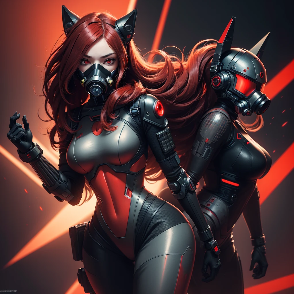 1 lonely girl with a mask large respirator gas mask on half her face fur half cyborg stands half sideways in a half turn she has a chic figure and big hips she has rich red long hair and red eyes and a black android suit with red elements dark background image cyberpunk mechanisms and red lights dark background space red planets lights