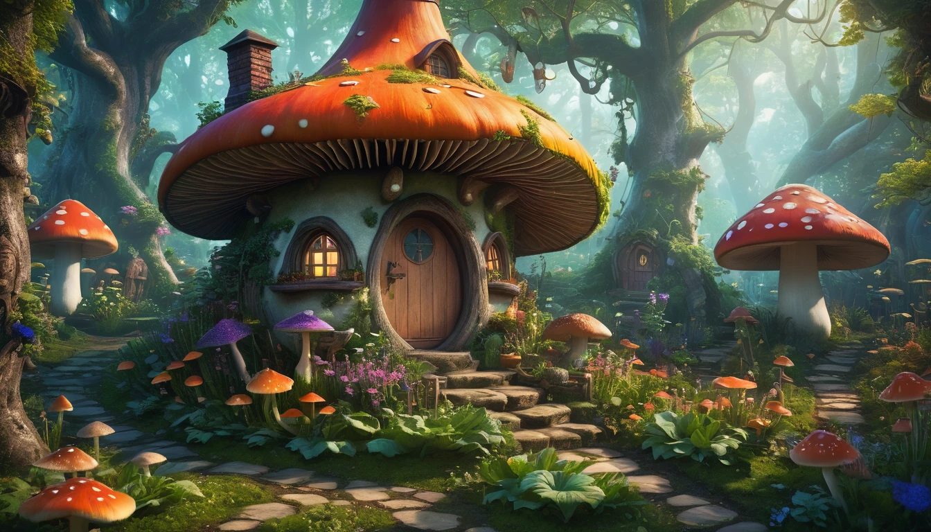 Cozy witch cottage deep in the fantasy forest. The cottage has a bouncing mushroom roof, and a giant, wonderfully well-tended vegetable garden. Style similar to Milipili. Surreal, 8K, bright colors, clear and sharp images.
