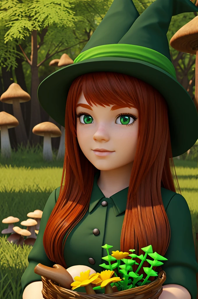 Roblox Avatar Ginger hair girl with green eyes, wearing a witch hat with mushrooms, flowers and nature
