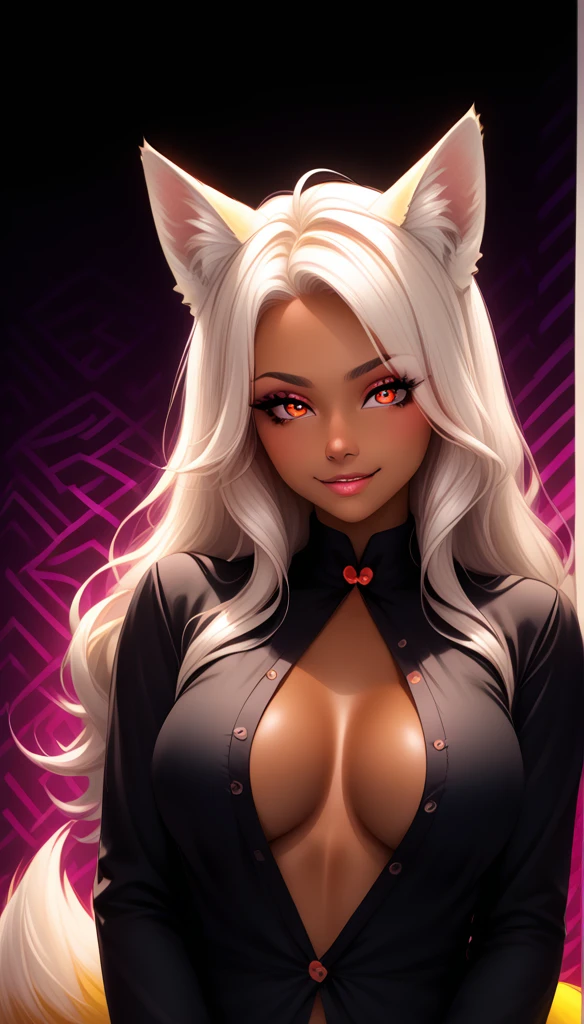 score_9, score_8_up, score_7_up, 1girl, solo,
(long wavy hair), glowing red eyes, horns, (fox ears, fox tail), tanned skin, demoness, (fox:1.2), (large , horny face expression, hug pose, jewelry accessories), monochromatic, eerie atmosphere,
(open shirt), seductive, ((random pattern background))