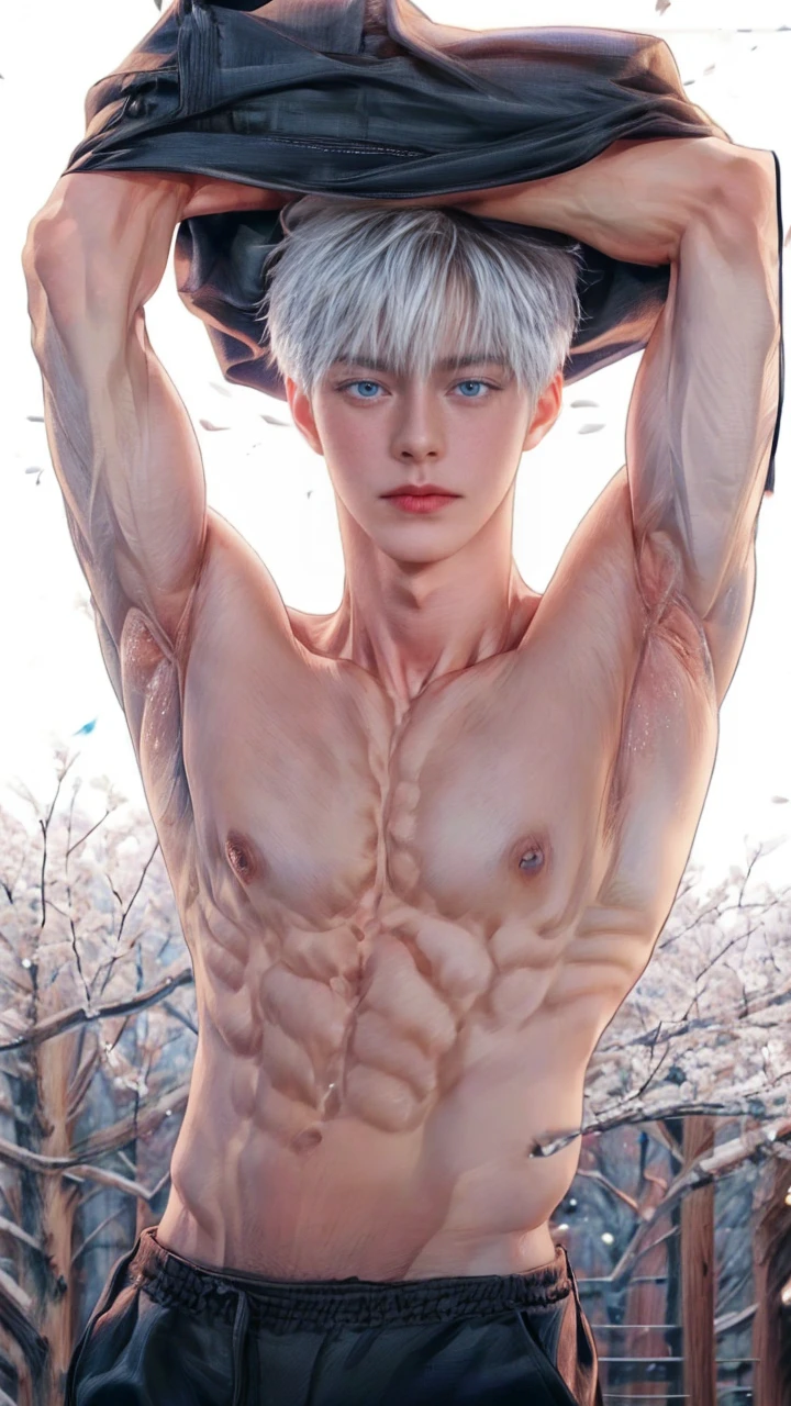 1boy, adult, handsome, perfect face, detailed eyes and face, clean shaved, muscular, capturing a rural atmosphere, dynamic lighting, unreal engine 5, hd picture, satoru gojo, white hair, short hair ,hair between eyes ,blue eyes