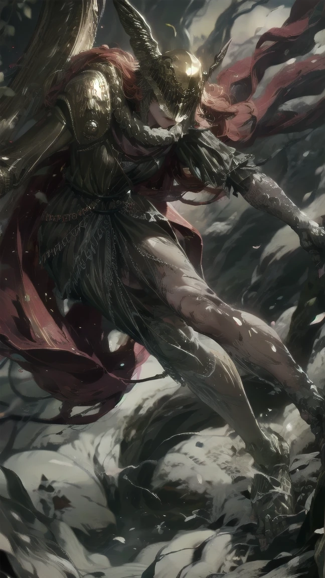 1 girl, ultra sharp image, Portrait of a girl, Gothic style, fantasy, beautiful figure, beautiful, full length (full body 1.1.), big tree in the background, slender legs, buttocks, slender legs, Wasp waist, sexy, fighting pose, fighting stance, only,helmet,light-skinned Женский, One, long curved sword in hand