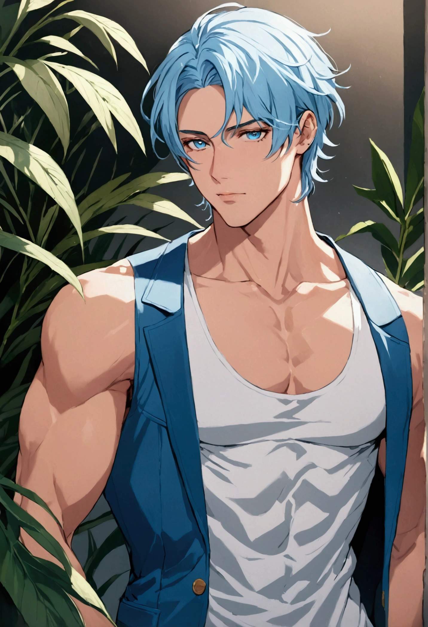 (best quality)), ((masterpiece)), (detailed), perfect face ,2d, 1 boy , well built thin with abs, short wavy hair,light blue hair , one dark blue and one light blue eye , fake light pink skin, light dragon scale near cheeks 90's aesthetic clothes white shirt and blue plant's with blue jacket with light orange design's make it like manhwa charcter