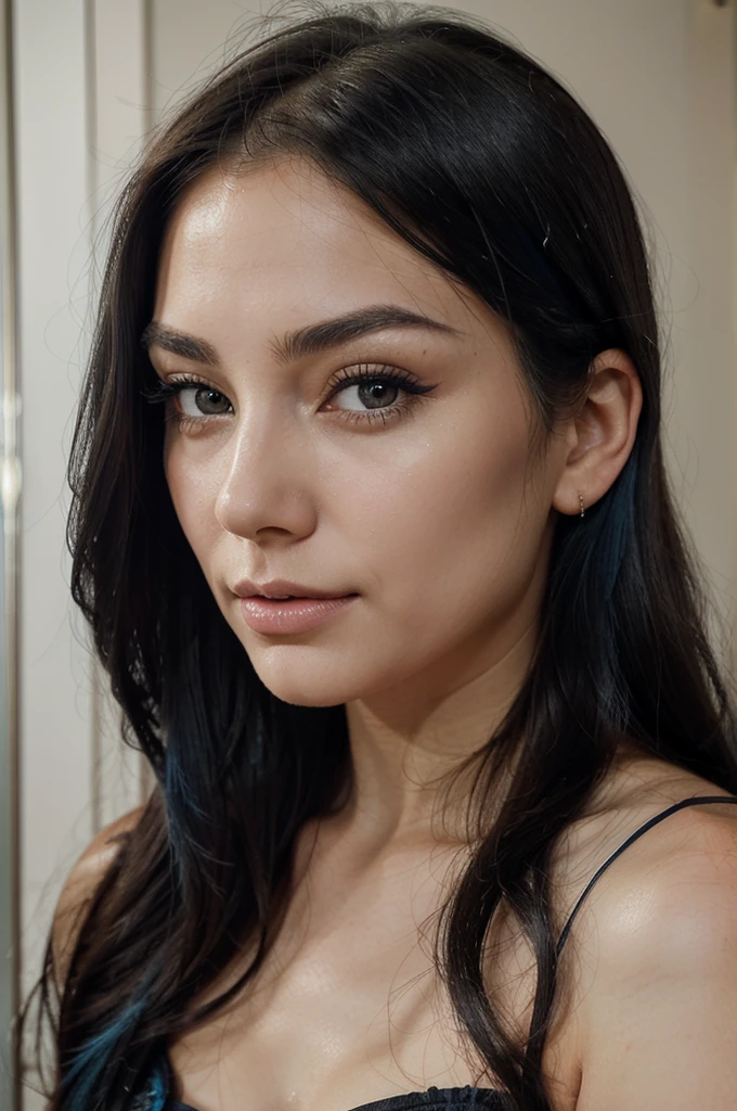 A girl with long blue hair. Her face is exquisite, with high cheekbones and smooth fair skin. Her large black eyes, framed by long thick eyelashes, are impressive and expressive, radiating calmness and confidence. Well-defined eyebrows curve gracefully above her eyes, adding intensity to her gaze. She has a small, straight nose and full, slightly parted lips that curve into a slight smile, revealing hints of mischief and allure. woman is wearing a detailed embroidered dress in a blurry selfie.