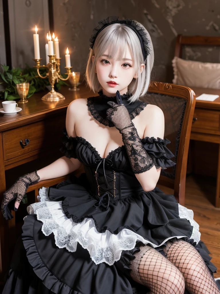 (8K, Photorealistic, Raw photo, Highest quality: 1.4),Japanese idol-style beautiful girl,model,1 person,18-year-old,(Short Bob),(Silver Hair :1.1),She has her hair tucked behind her ears,Headband,Clear grey eyes,Long eyelashes,(piercings(small)),(Pale, lifeless skin(Foundation)),(Lip gloss(Deep vermilion :1.1)),thin long neck,Large Breasts,(Lace gloves(Black)),(gothic lolita dress(Frills,Puffy long skirt :1.1)),(layer),(Fishnet tights),(Lolita shoes with lace decoration),Sitting in a chair,(Legs are V-shaped),(Background of a room with heavy Gothic-style stone stained glass),Full body portrait