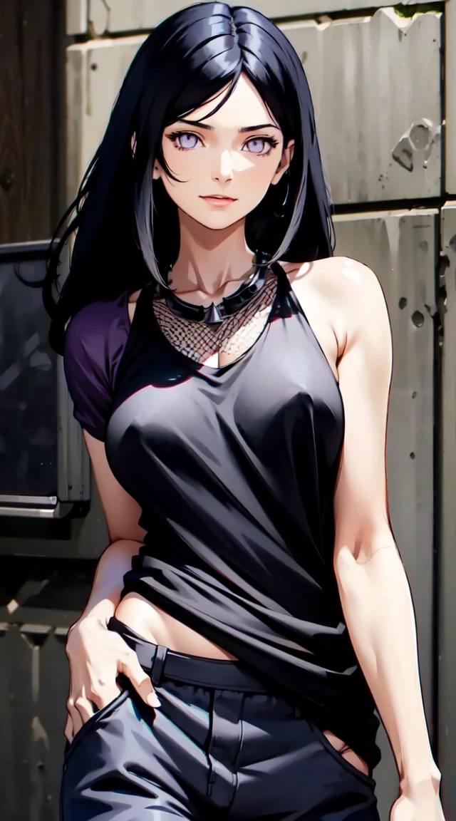 masterpiece,stunning realistic,best quality,sharpness,sharp face,smil，Rot im Gesicht sein，Photo of the upper body
black long hair，purple eyes,big ,tanktop,cargopants with many pockets,black cloak,silver necklace,silver chain,black gloves