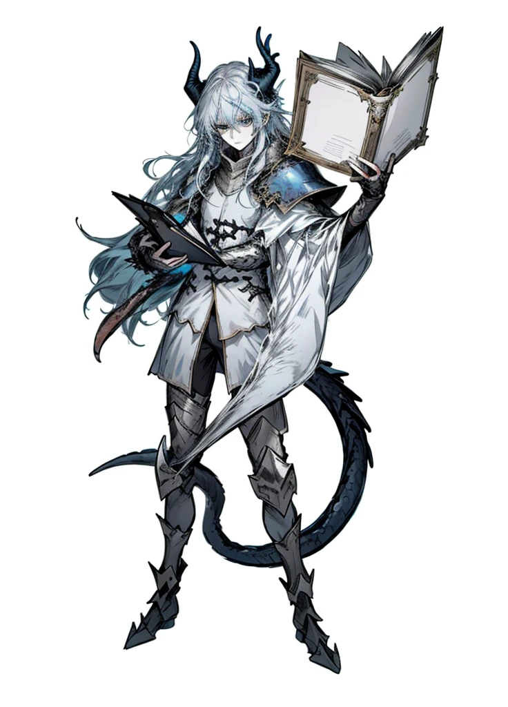 1boy ,silver hair,long hair, light blue eyes ,pale skinned beast ,dragon, dragon tail, blue horns, book, arctic knight, nice clothes, (high resolution, high detail, best quality), calm