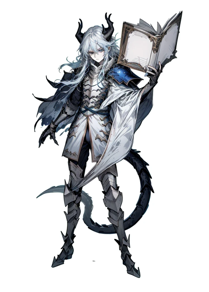 1boy ,silver hair,long hair, light blue eyes ,pale skinned beast ,dragon, dragon tail, blue horns, book, arctic knight, nice clothes, (high resolution, high detail, best quality), calm