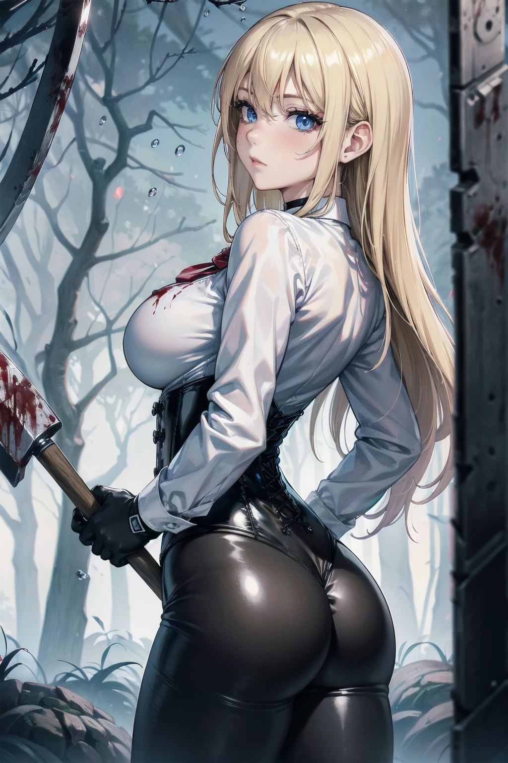 ((blood droplets)), ((blood)), ((blood splatter)), ((blood on clothes)) ((blood stain)), Masterpiece, Superior image quality, high resolution, 4k image,photo and gross, photorealistic, whole body, distant view, ung blonde of 15 years, view from behind, perfect ass, {{{vagina}}}, big breasts, beautiful face, Long blonde hair, blue eyes, very detailed eyes, pink cheeks, shy expression, choker:1.6, (white collar button down long sleeve shirt), black gloves, gloves that cover hands, (holding an ax in the right hand), (black leather corset), (shiny black leggings), Sensual Lips, show details in the eyes, View from the front, looking at the viewer, dark forest path, evening, Atmosphere, fog