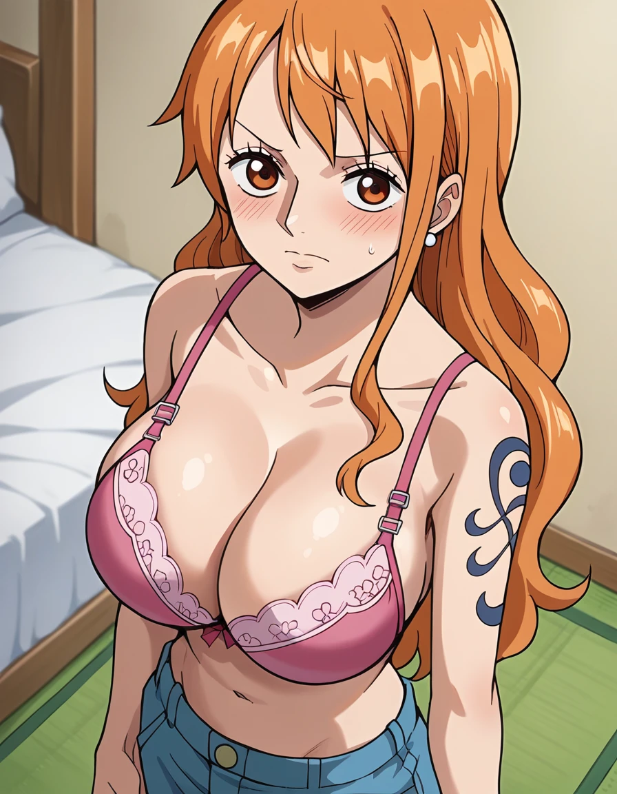 score_9, score_8_up, score_7_up, source_anime, best quality, clear face, Nami, orange hair, long hair, orange eyes, large breasts, perfect body, pink bra, pink pantie, underwear, navel, washroom, from below, looking away, from side