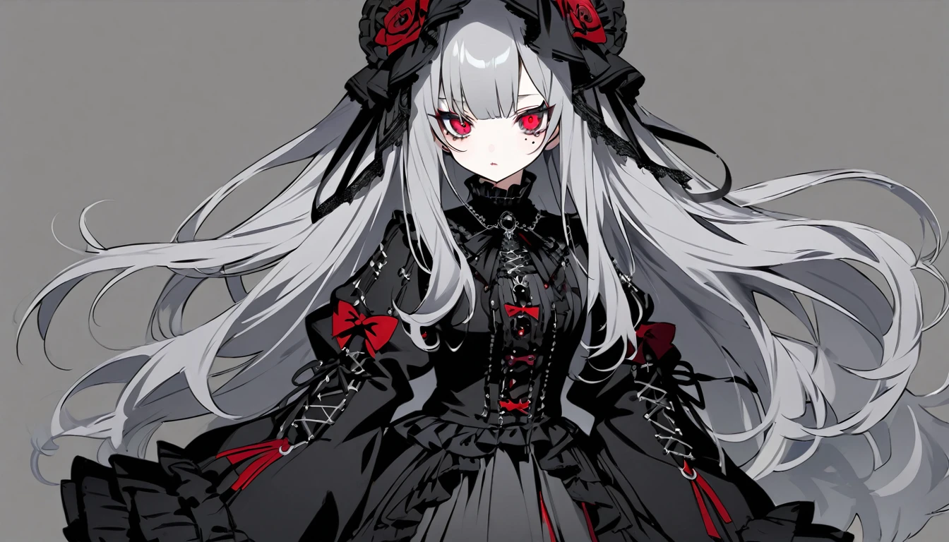 Characters。gray hair color、Glowing red eyes、Long Hair、There is a mole under the left eye。Without background、Depict only one person。Gothic Lolita Fashion