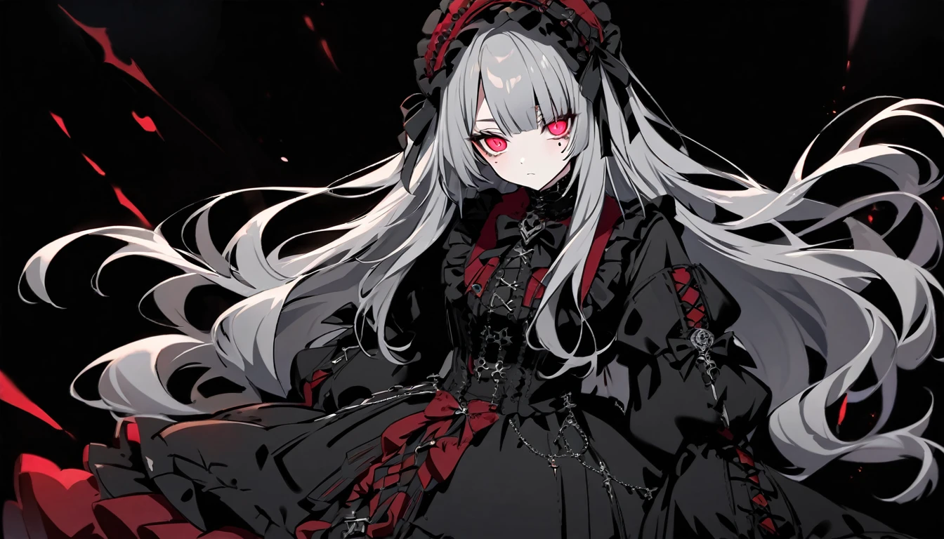 Teen Girl Characters。gray hair color、Glowing red eyes、Long Hair、There is a mole under the left eye。Without background、Depict only one person。Gothic Lolita Fashion