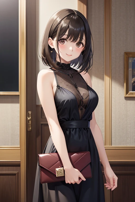 anegasaki nene、Glossのある栗色の髪, short hair, (Beautiful brown eyes、Sparkling eyes, Fine grain)、smile、Ultra-detailed eyes、Very detailedな顔, Very detailedな目,


((masterpiece)), (Highest quality), Official Art, unity 8k wallpaper, Very detailed, 
One Girl, alone, , Black silk evening dress, Fine dining, Modern, stylish, Gloss, Clutch bags, Fascinating, smile