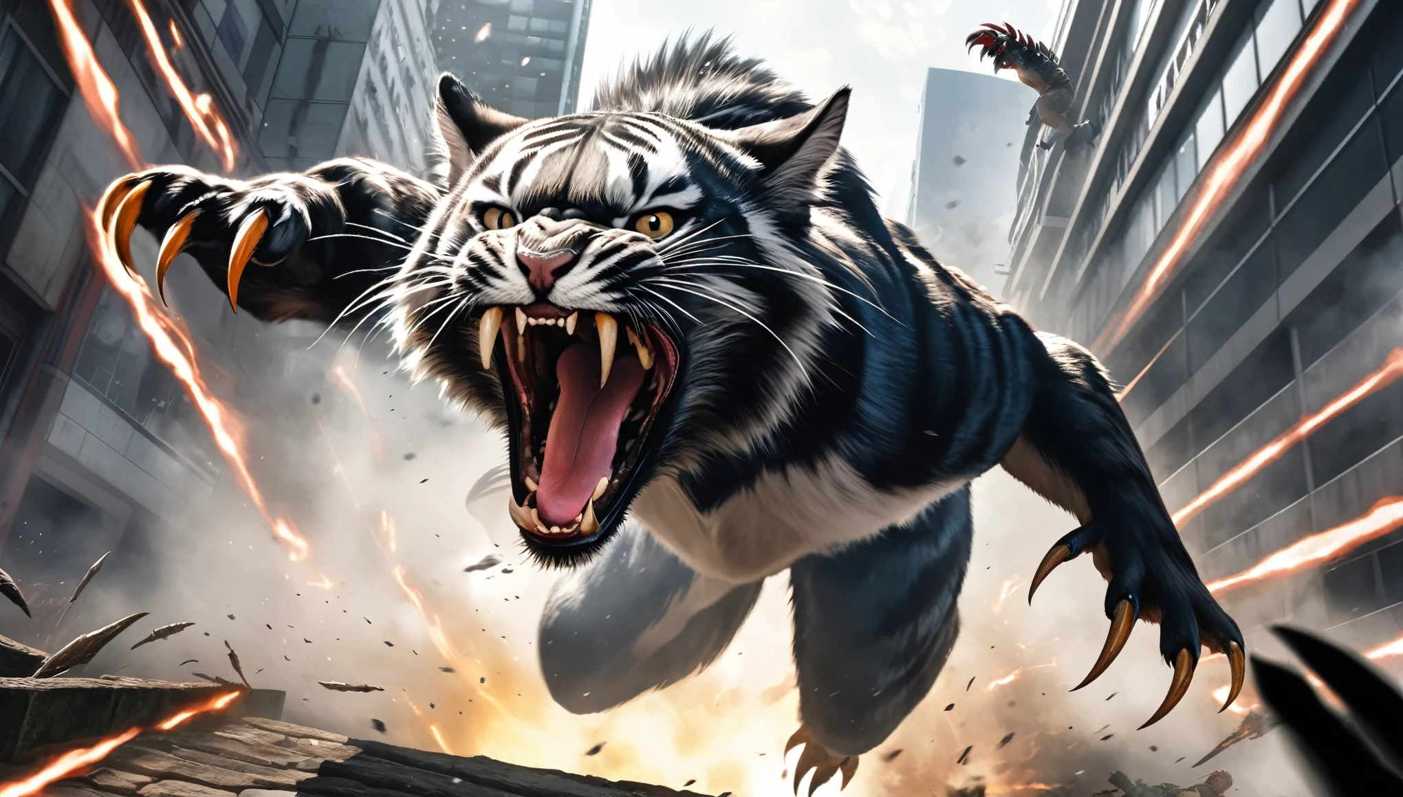 Realistic photos, RAW Photos, ライオン attacks viewer, Powerful movements, jump on prey, ((Dynamic jump)), Sharp Claws, ライオン approaching from above, sudden approach, Bad-tempered, dynamic Shot from grand