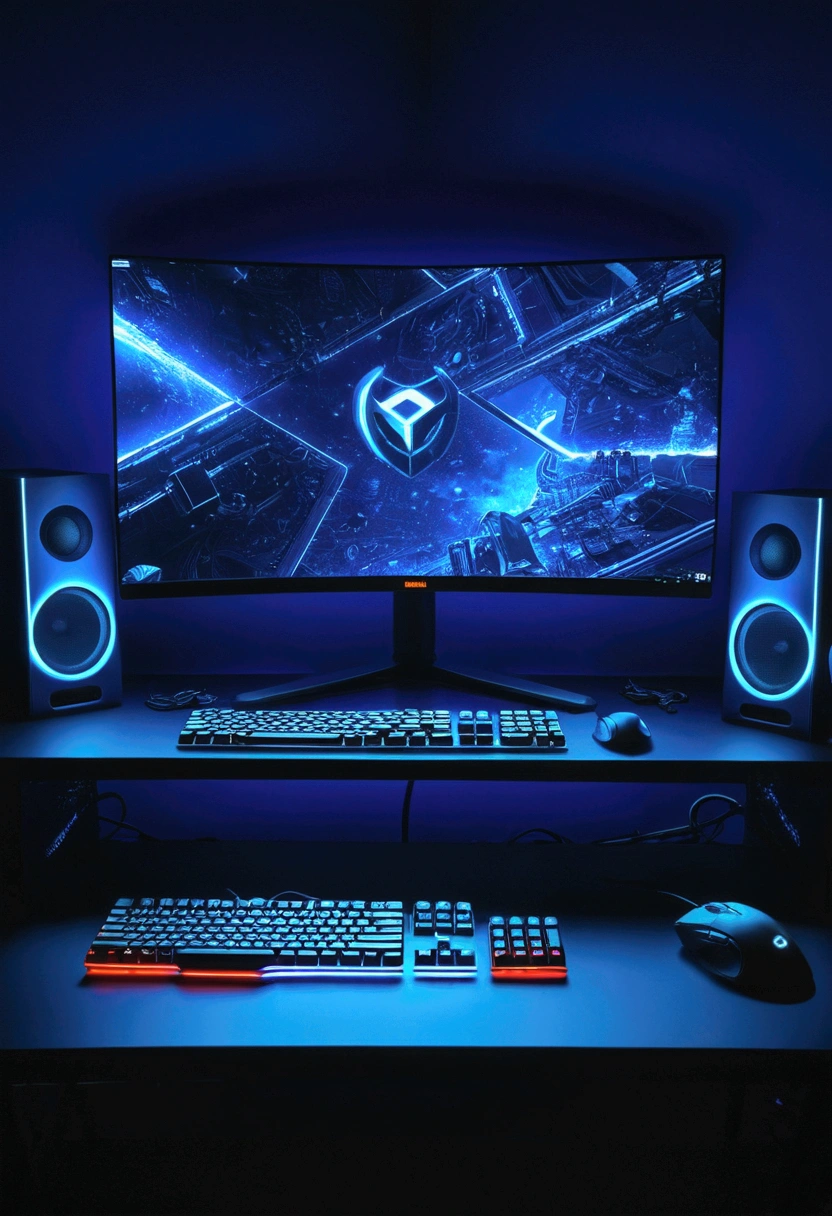 Flat PC monitor in the center of the screen, in front a keyboard, to the right of the keyboard a mouse, all illuminated by LED lights, gamer PC, dark blue background, speakers on the sides of the monitor, only one mouse, only one keyboard