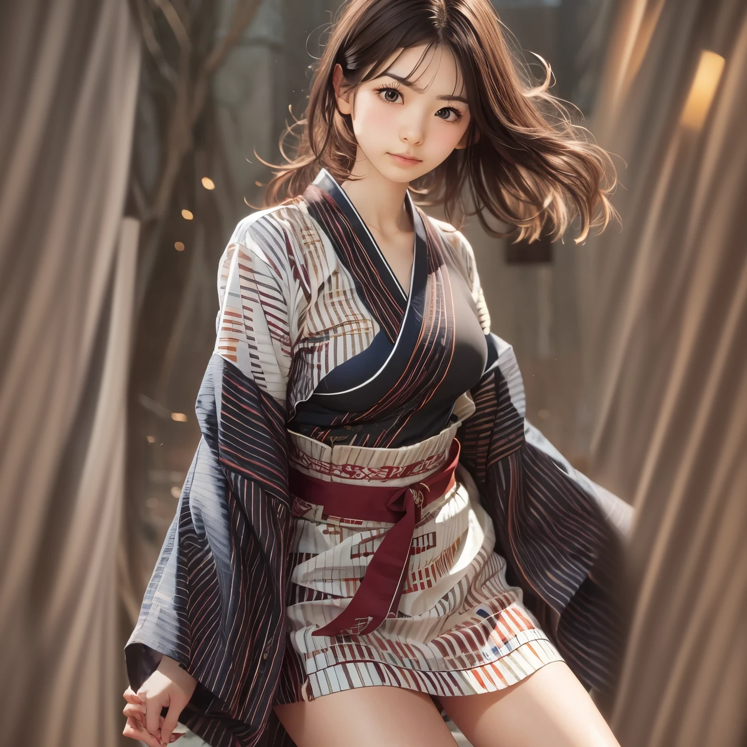 The only person is this woman.。The rest is natural background。
