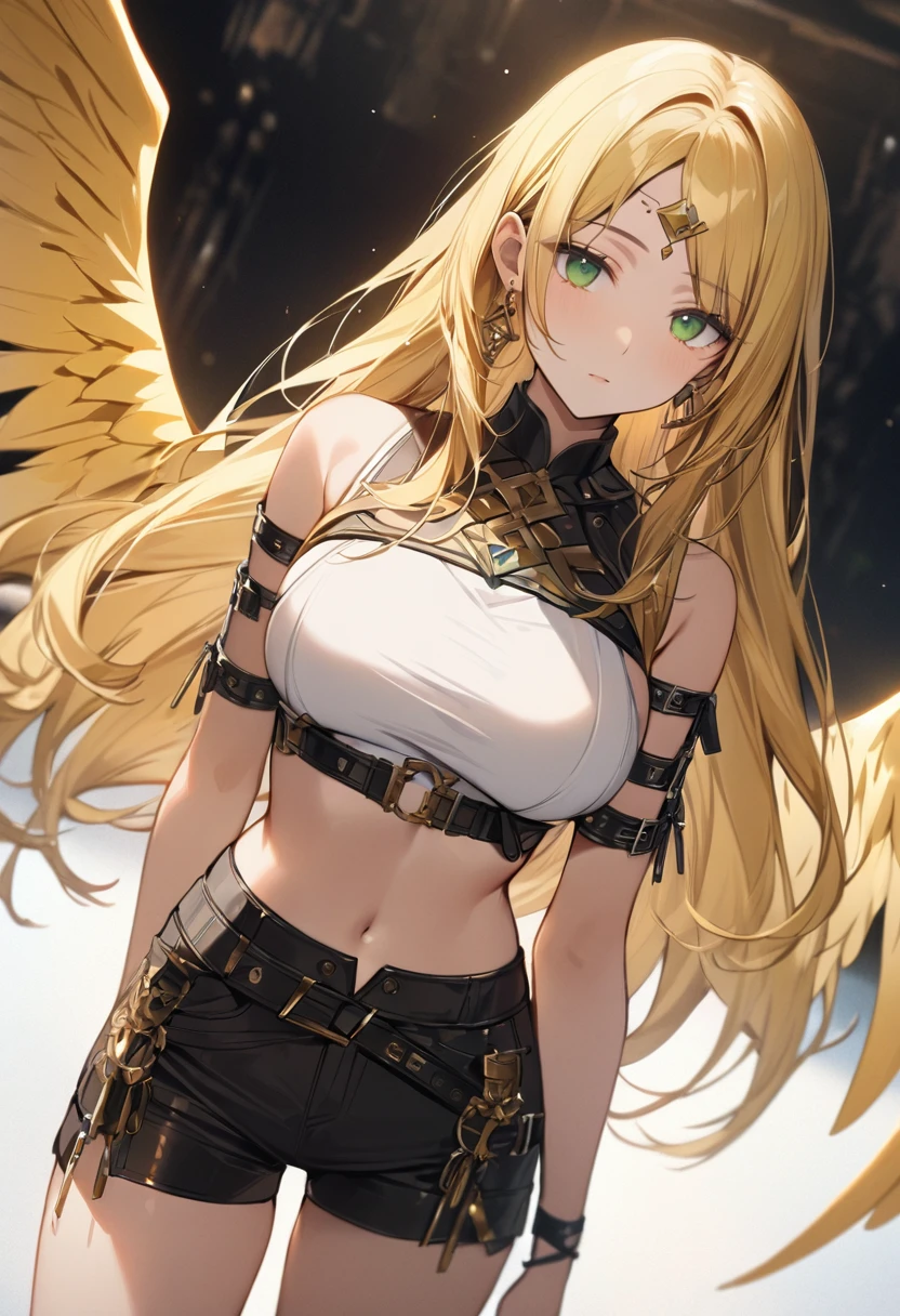 masterpiece, best quality, 1girl, solo, adult, gold yellow hair, long hair, the front bangs are open to the side, and there is a small diamond on the forehead, earrings, green eyes, detailed face, white crop top, large breasts, shorts, arm belt, infront of viewer, empty look, angle wings,