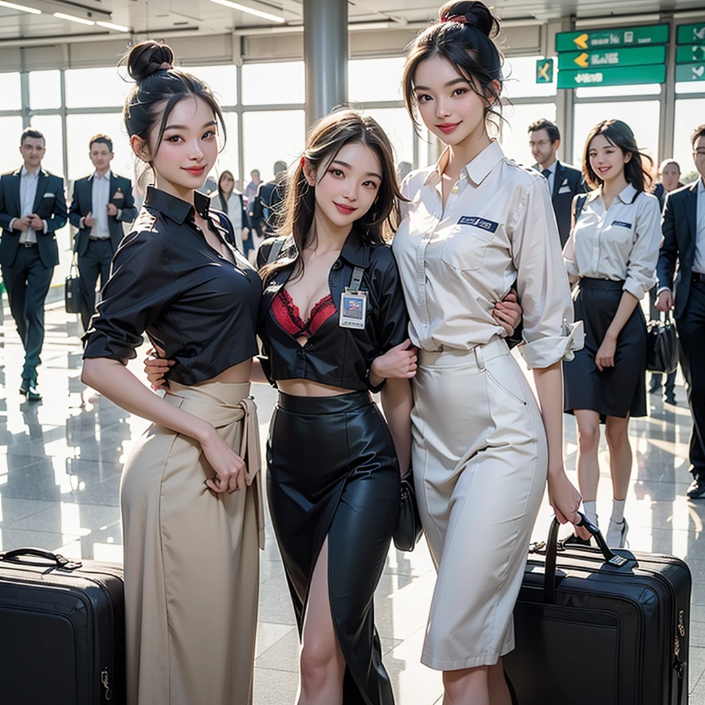 ((Highest quality、Tabletop、8K、Best image quality、Hyperrealism))、(5 female ground staff、Group of women walking side by side、Several women walking together、A group of stewardesses walking together、Cowboy Shot、5 people wearing the same uniform、Photo from the waist up)、((Location: Airport Plaza...、Five women walking through the airport、A perfectly detailed airport interior、Super detailed airport plaza))、((perfect stewardess uniform、Hair Bun))、Biggest Smile、white big teeth、Perfect Makeup、Long eyelashes、Look at me、Have the best smile、Perfect Anatomy、The lighting is very bright
((((I can see the flower patterned bra))))