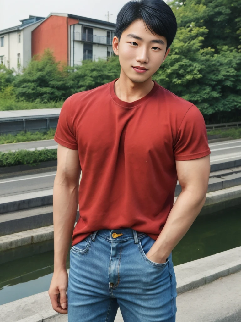 ((realistic daylight)) , Young Korean man in only a green t-shirt, no pattern, denim shirt, and jeans., A handsome, muscular young Asian man looks at the camera. In a simple t-shirt blue and red , Along the canal ,turn sideways