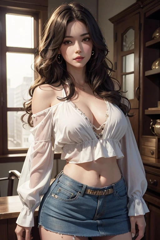 photorealistic, high resolution, 1women, mature female, solo, hips up, look at viewer, (detailed face), wavy hair, long hair, , mini skirt